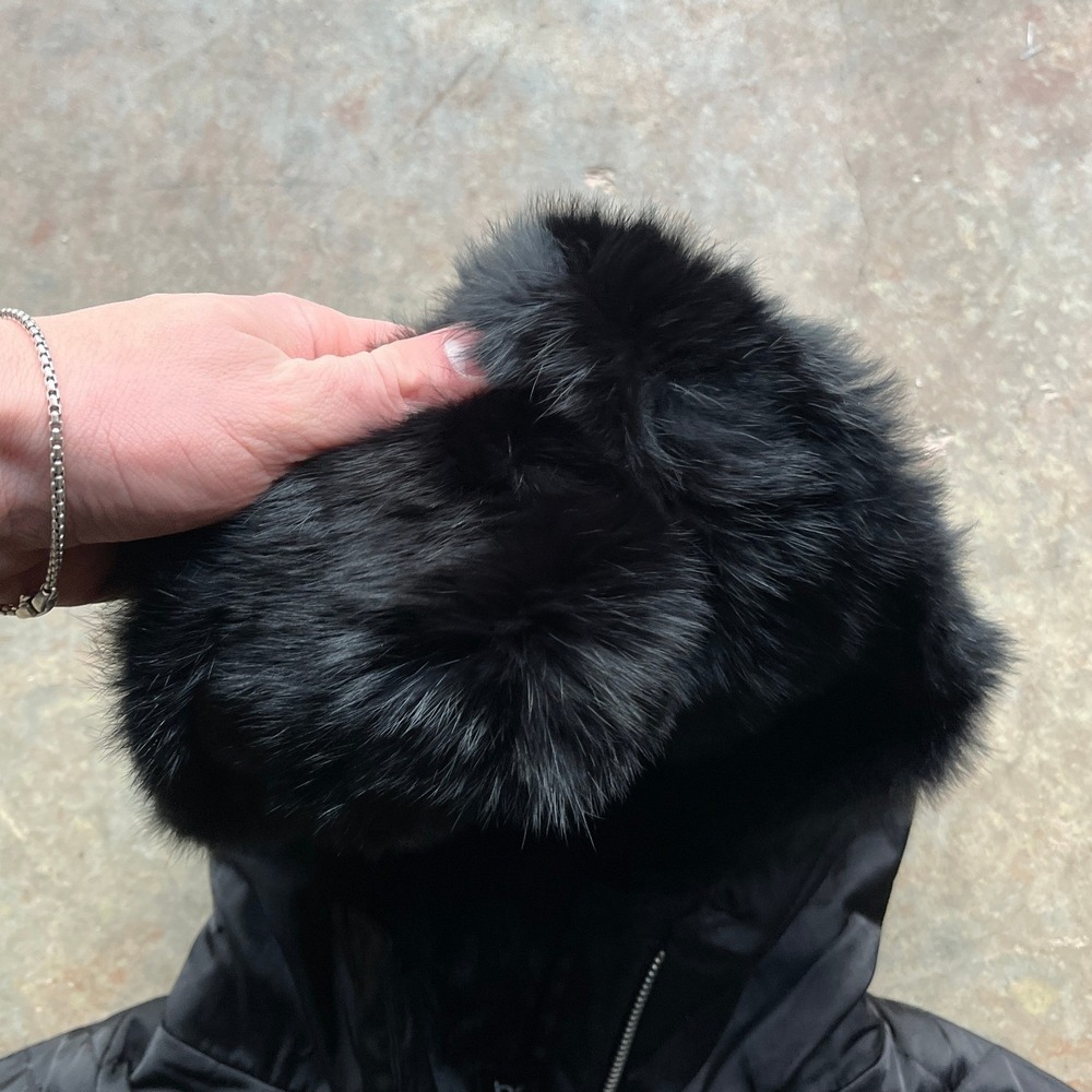 Bebe Black Chevron Quilted Down Puffer Jacket Real Rabbit Fur Hood Lace Up Small - Picture 4 of 11